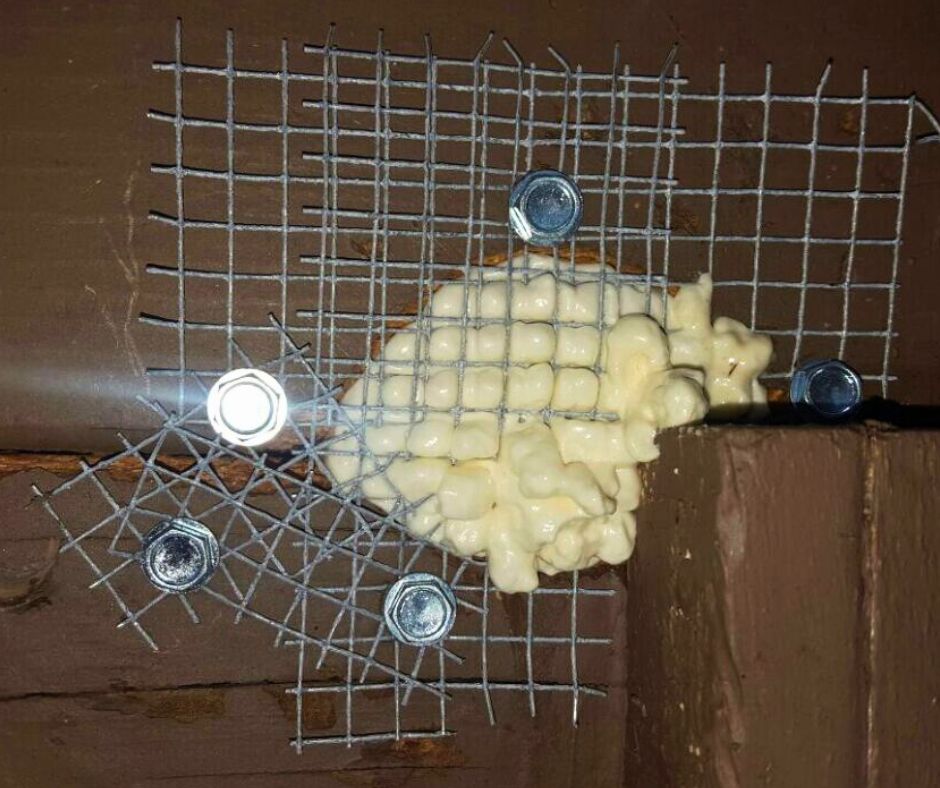 Foam-Sealed Mesh Patch on Wood Corner