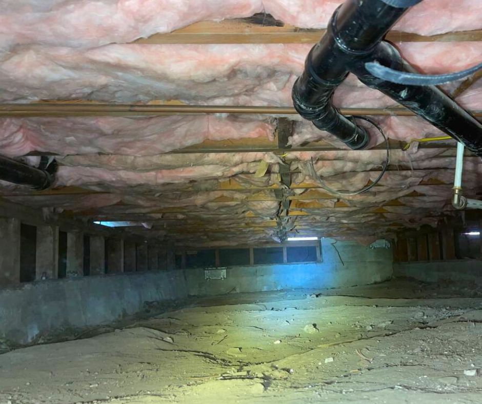 Vented Crawl Space with Sagging Insulation and Exposed Soil