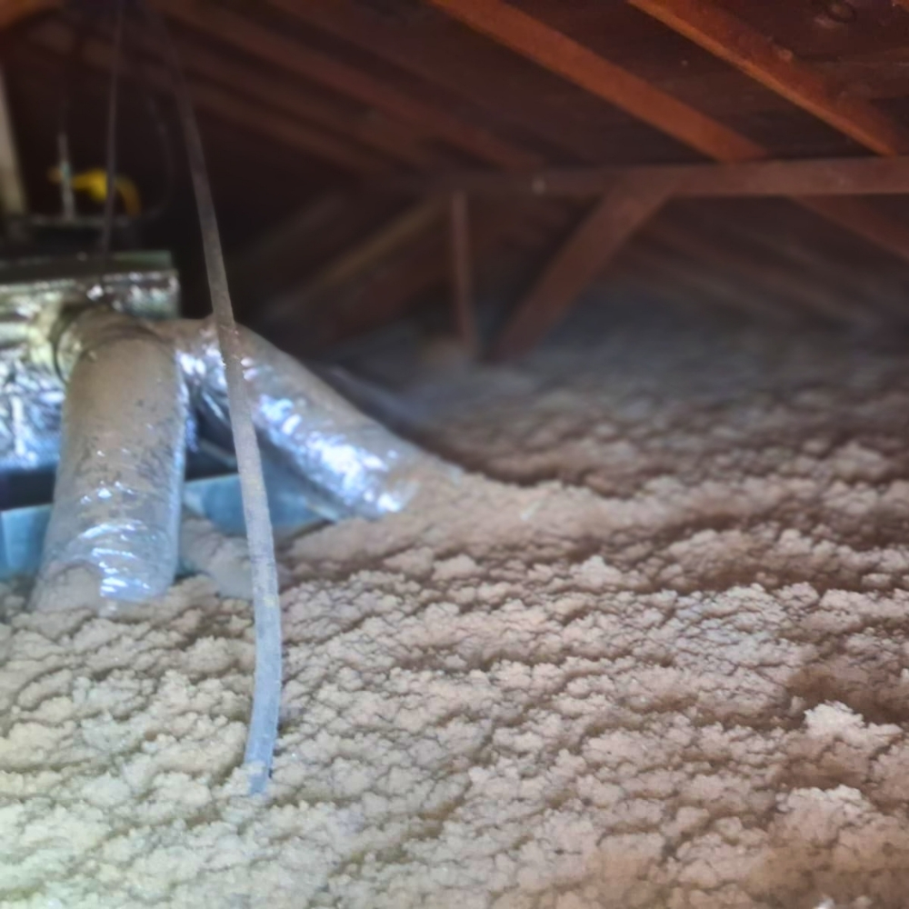 Insulation work inside a real Fairfax attic — Fairfax's 1940s–1960s homes in Sleepy Hollow and the oak-and-bay-laurel homes along upper San Anselmo Creek often need full-depth cellulose after decades of cool-wet inland-valley exposure